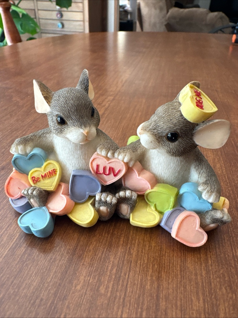 Valentine Mouse Couple Figurine in Gray and Pastel Hearts